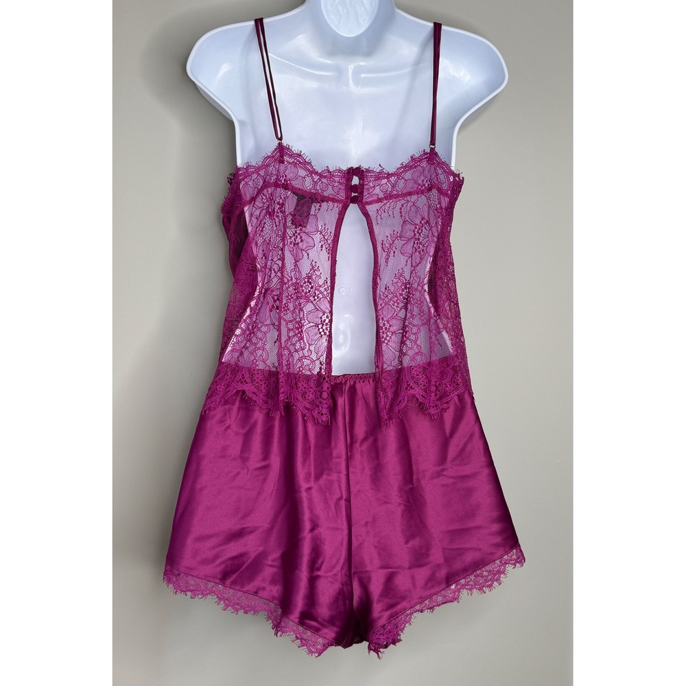 Victoria's Secret Satin Lace Pajama Set Women L Magenta Cami Shorts Boudoir Glam - Picture 11 of 14
